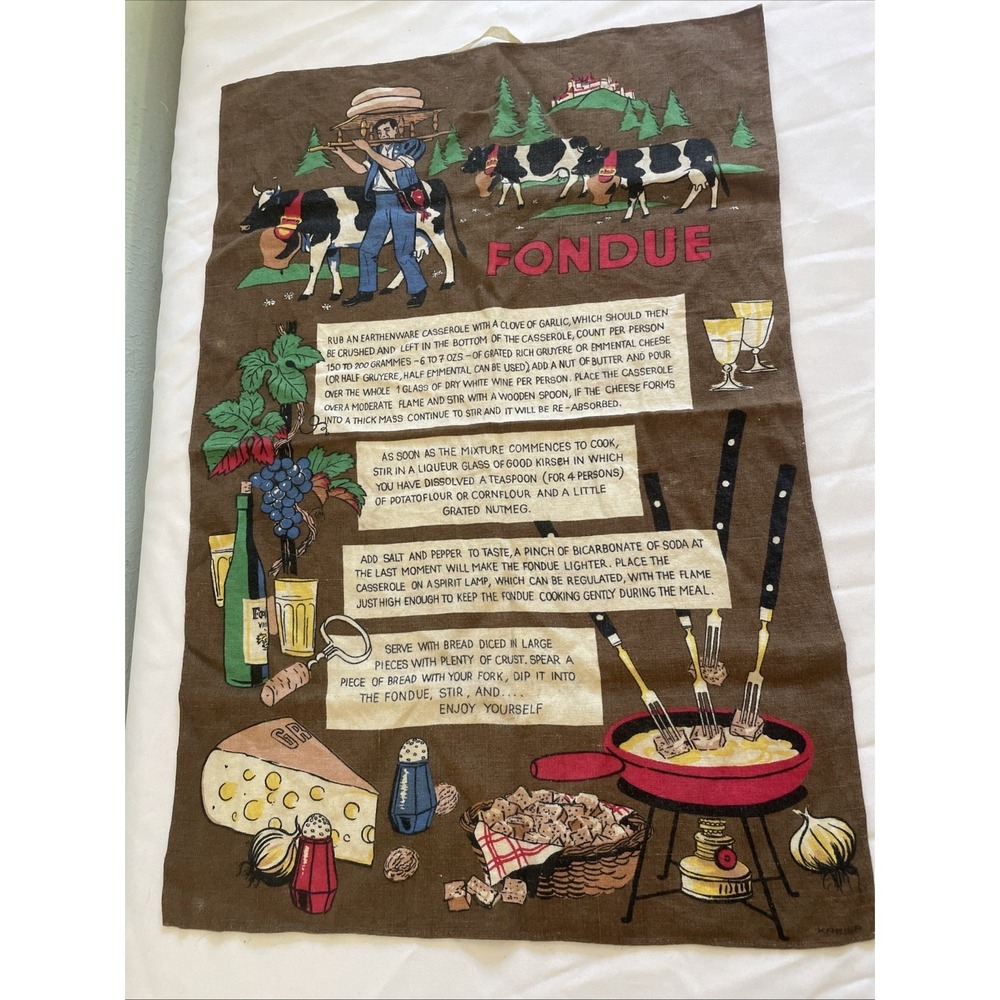 Vintage Recipe Fondue Tea Towel Linen European Kreier Swiss German Kitchen Dish